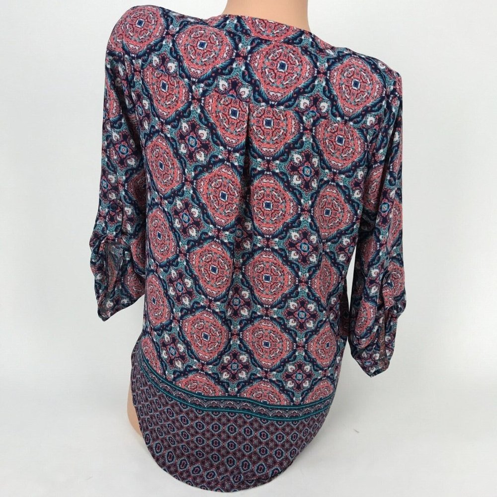 Pink Rose Boho Tribal Tie Dye Print Short Sleeve Top V-Neck 3/4 Sleeve Blouse L - Picture 5 of 6